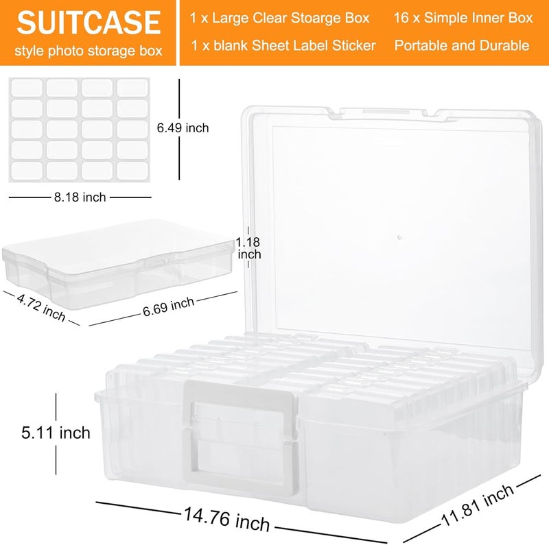 A-Link Photo Storage Box with Handle, 4" x 6" Photo Case Craft Keeper Organizer Container with 16 Inner Case and Label for Pictures, Arts, Crafts, Sewing, Stickers, Office Supplies - Clear - Image 2